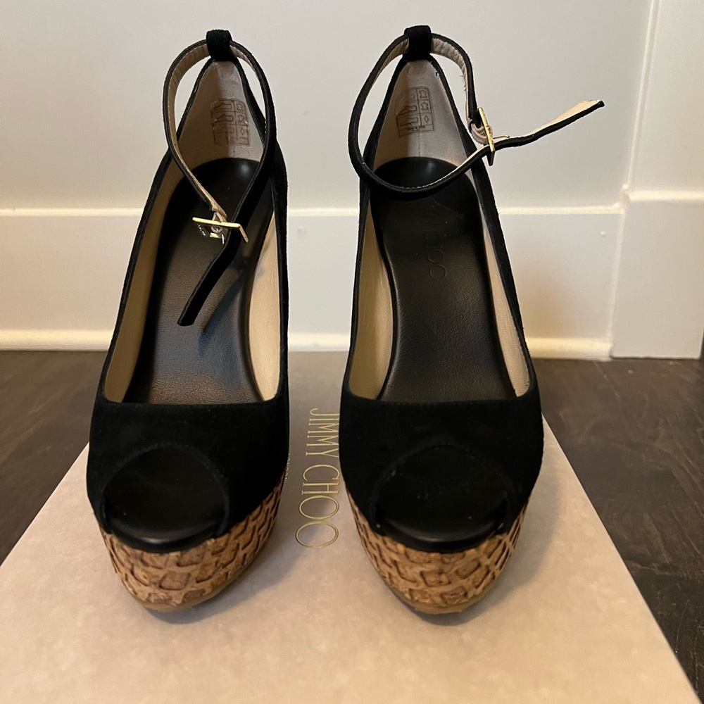 Jimmy Choo Black Suede with Lasered Cork Wedge